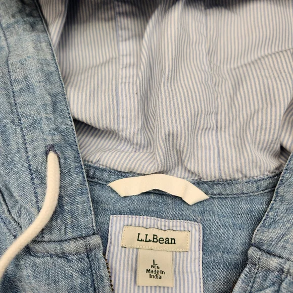 LL Bean Chambray Anorak Hoodie Light Blue Pullover Kangaroo Pocket Size Large - Picture 6 of 13